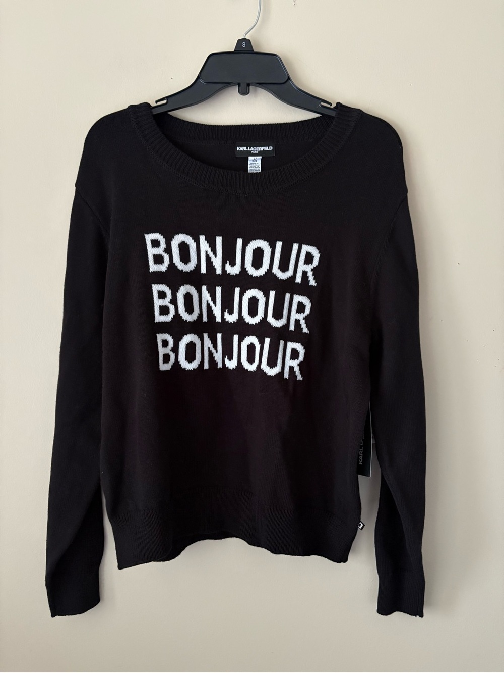 Karl Lagerfeld Black sweater with white BONJOUR repeat